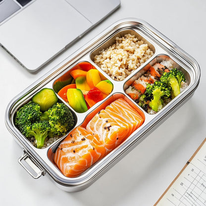 Quelp Premium Stainless Steel Bento Lunch Box - 3 Compartments for Portion Control - Leak-Proof Silicone Seal - Eco-Friendly & Dishwasher Safe - Durable Metal Food Container